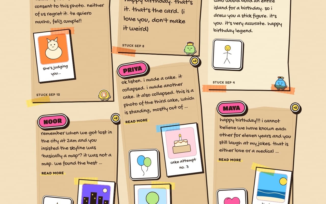 further down the board: more taped cards with photos, doodles and handwritten notes