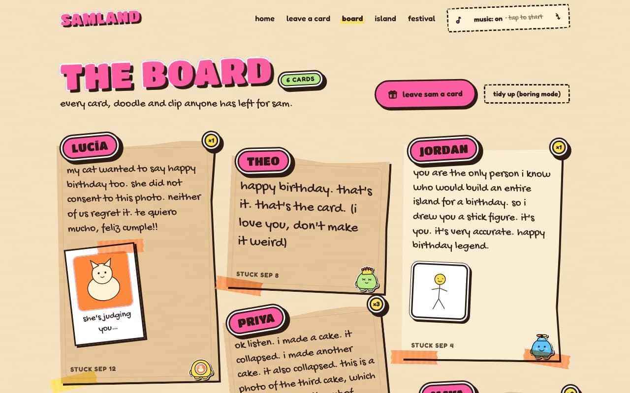 the board: friends' cards taped to a kraft-paper wall, each with a name sticker