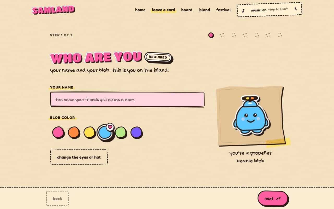 the card maker, step one of seven: your name and your blob colour, with a propeller-beanie blob preview