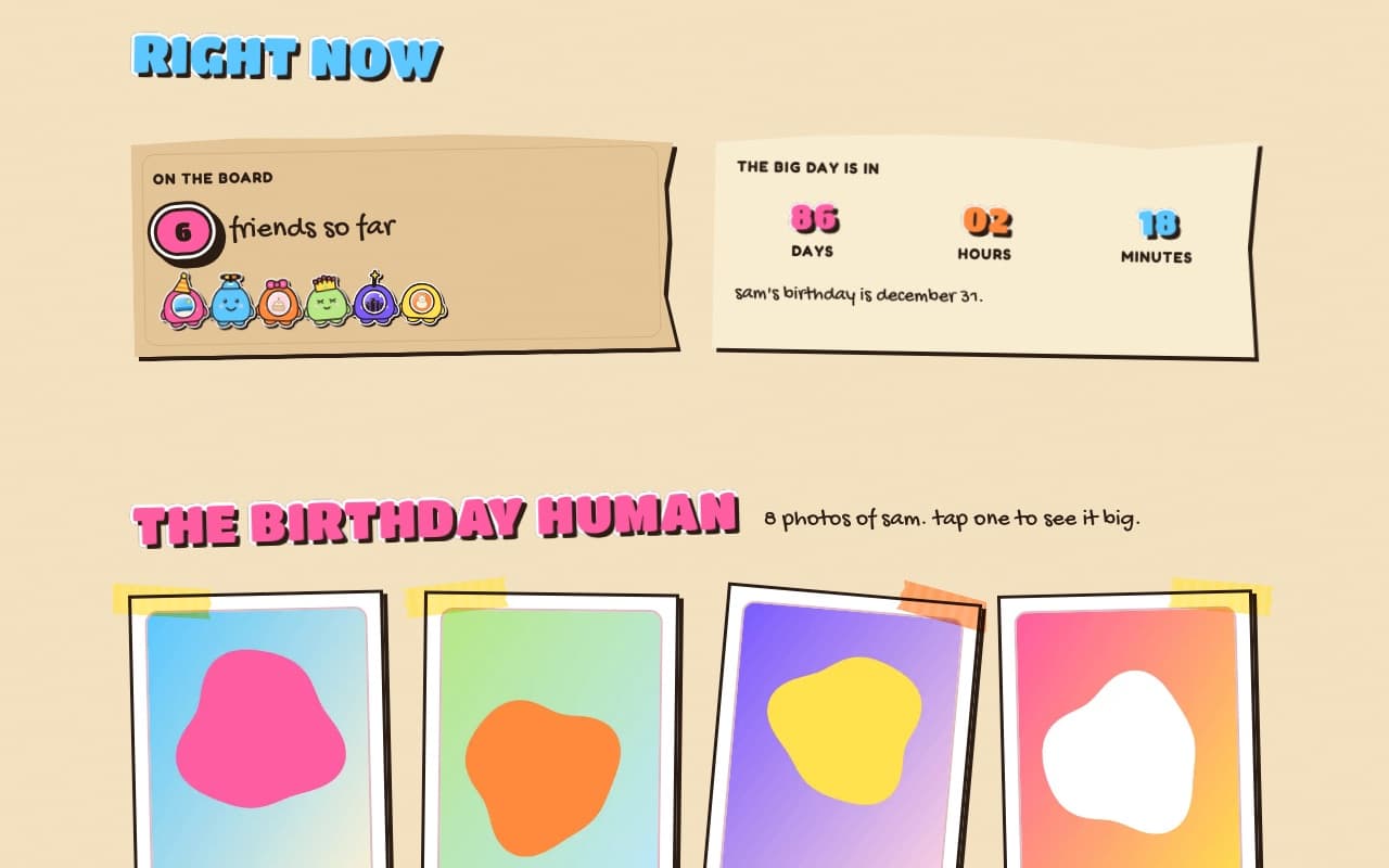 the front page's countdown: six friends on the board so far, 86 days until sam's birthday