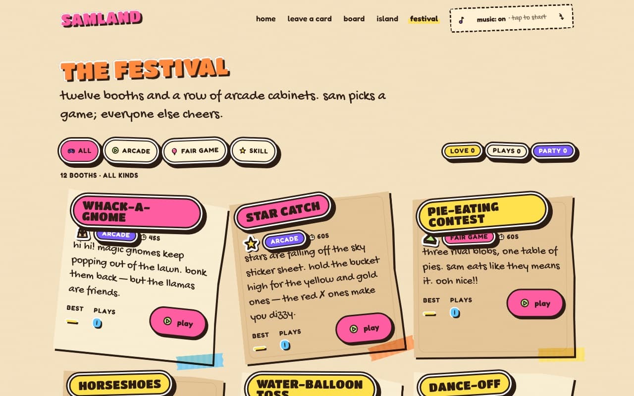 the festival page: twelve game booths as taped paper cards, each with a play button