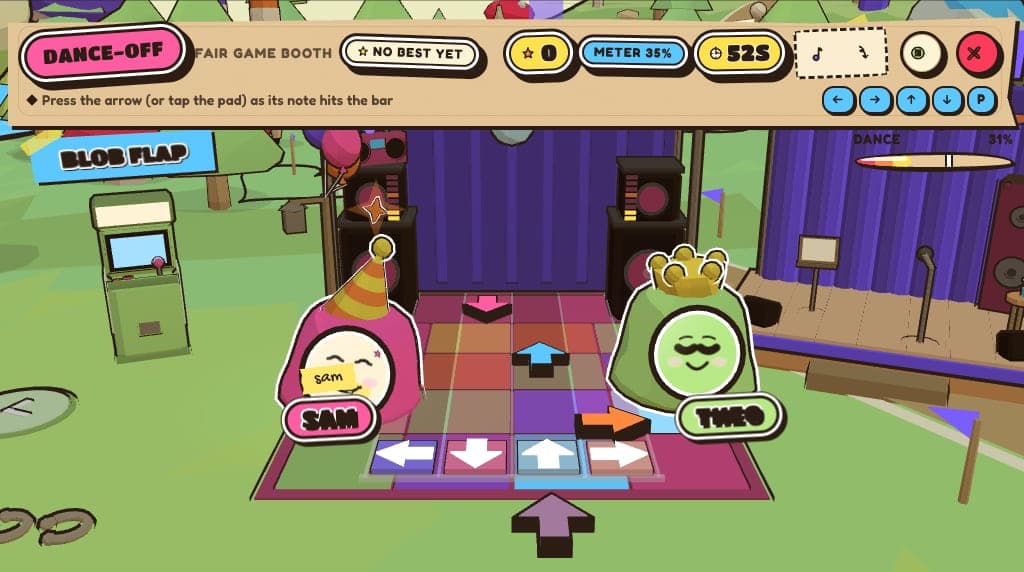 the dance-off mid-round: arrow notes slide down four lanes toward the bar while the birthday blob faces a friend called Theo