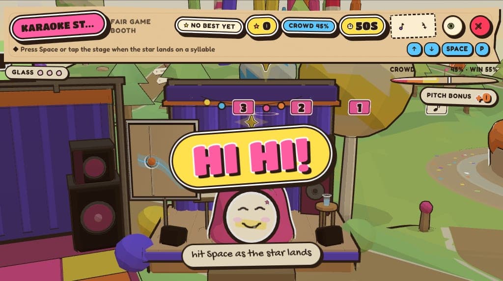 the karaoke stage: the birthday blob at the mic with a crowd meter and a pitch bonus