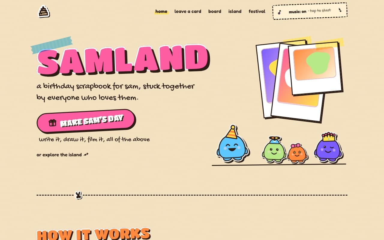 a birthday site's front page: the name SAMLAND as a big pink sticker, a pile of photos and a row of little blob friends
