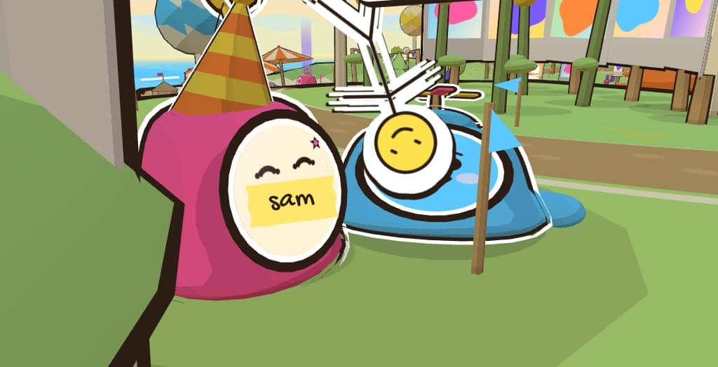 on the island: the birthday blob in a party hat meets a friend's blob, who throws a doodled sun at them