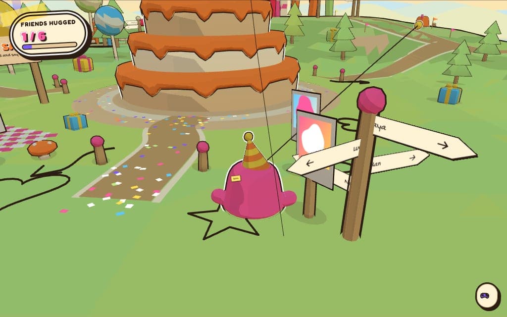 the middle of the island: a giant three-tier cake, confetti on the path and a friends-hugged counter