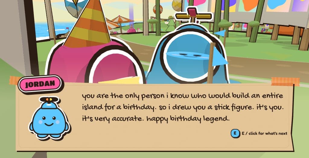 on the island: Jordan's message types out in a taped paper dialogue box beside their blob