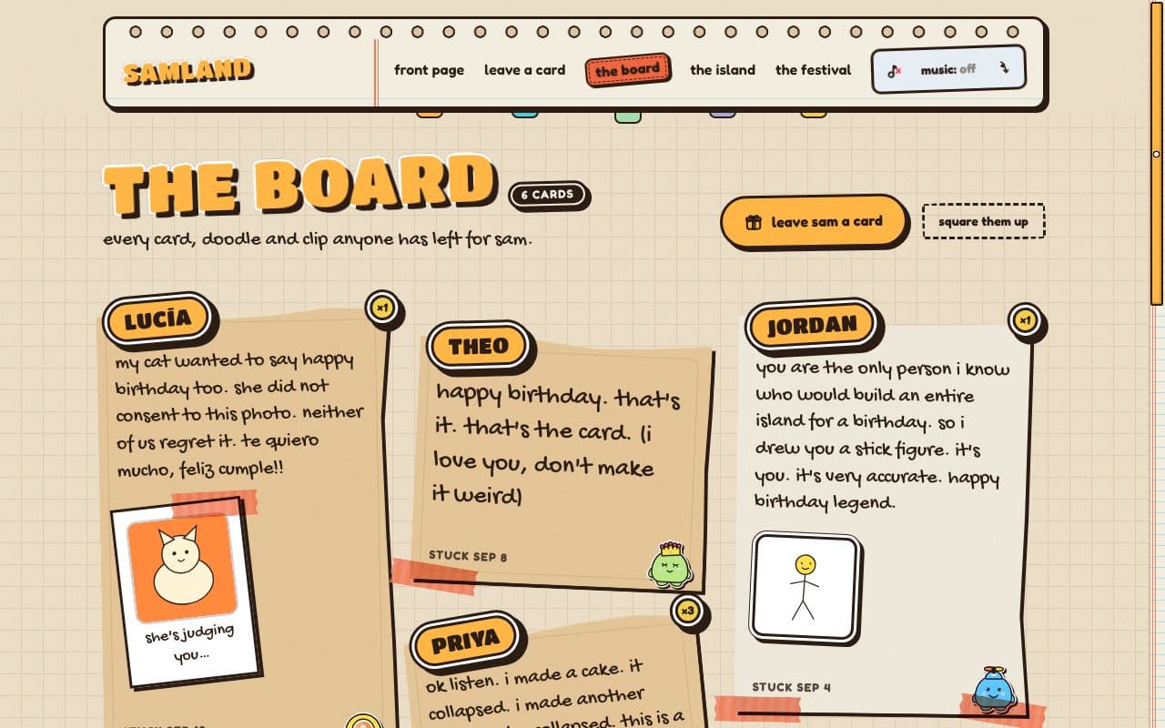 the board in Amber Notebook: kraft and rice-paper cards with amber name stickers and orange-red masking tape on a graph-paper page