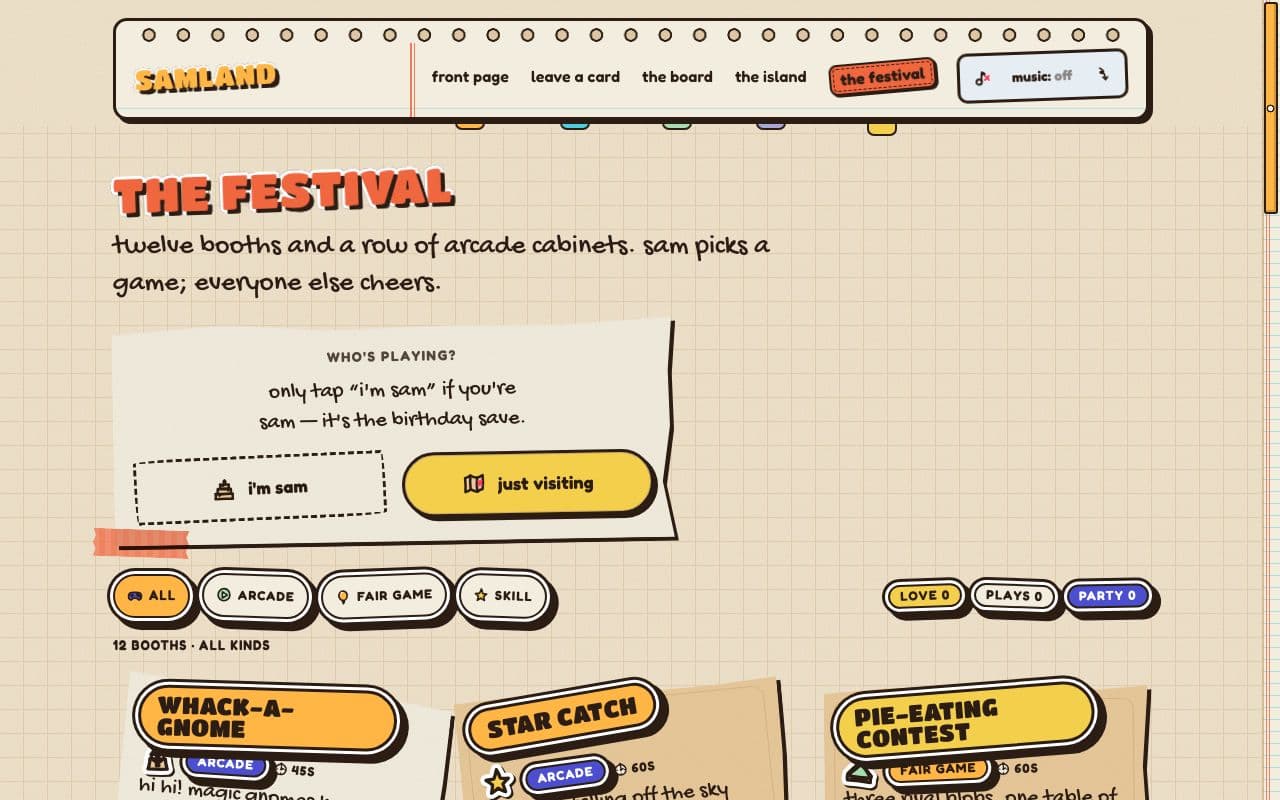 the festival in Amber Notebook: the festival's name sealed in vermilion on the binder strip, amber booth tags and a who's playing card on graph paper