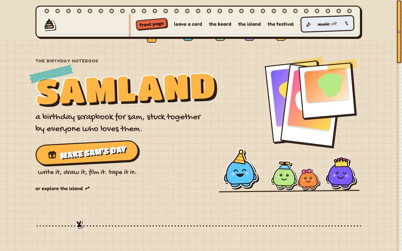 the demo site's front page in Amber Notebook: graph paper, a binder strip of punched holes across the top, SAMLAND as an amber sticker and coloured index tabs under the pages