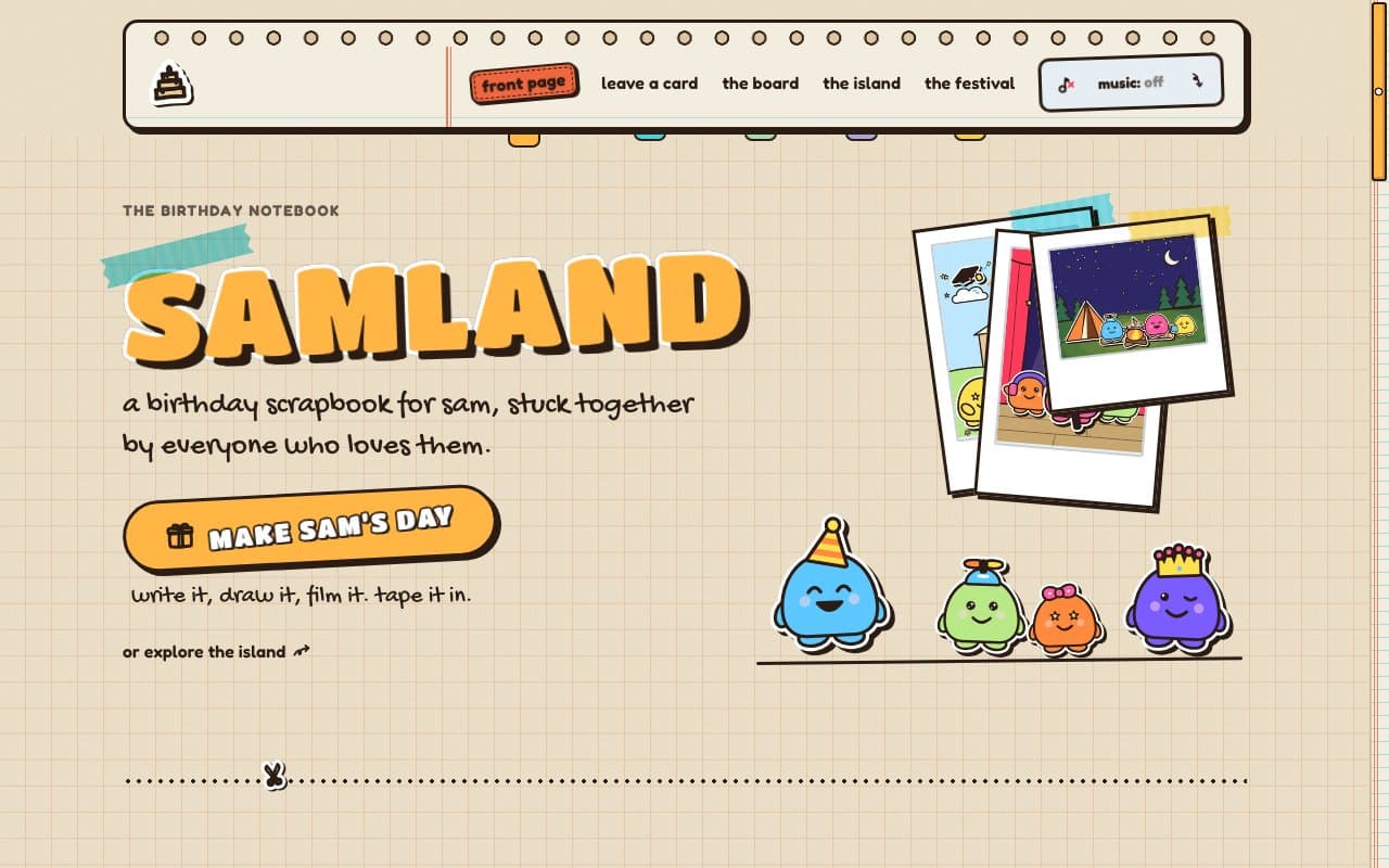 the demo site's front page in Amber Notebook: graph paper, a binder strip of punched holes across the top, SAMLAND as an amber sticker and coloured index tabs under the pages