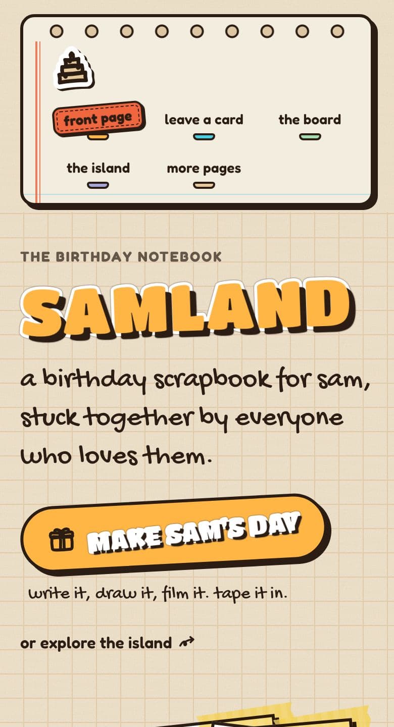 the front page in Amber Notebook on a phone: the binder strip becomes a ledger of pages with index tabs and a more pages tab