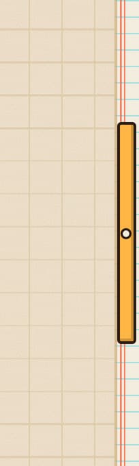 Amber Notebook's scrollbar up close: a squared amber tab with a punched hole at its middle, riding a strip of ruled paper with a red margin line