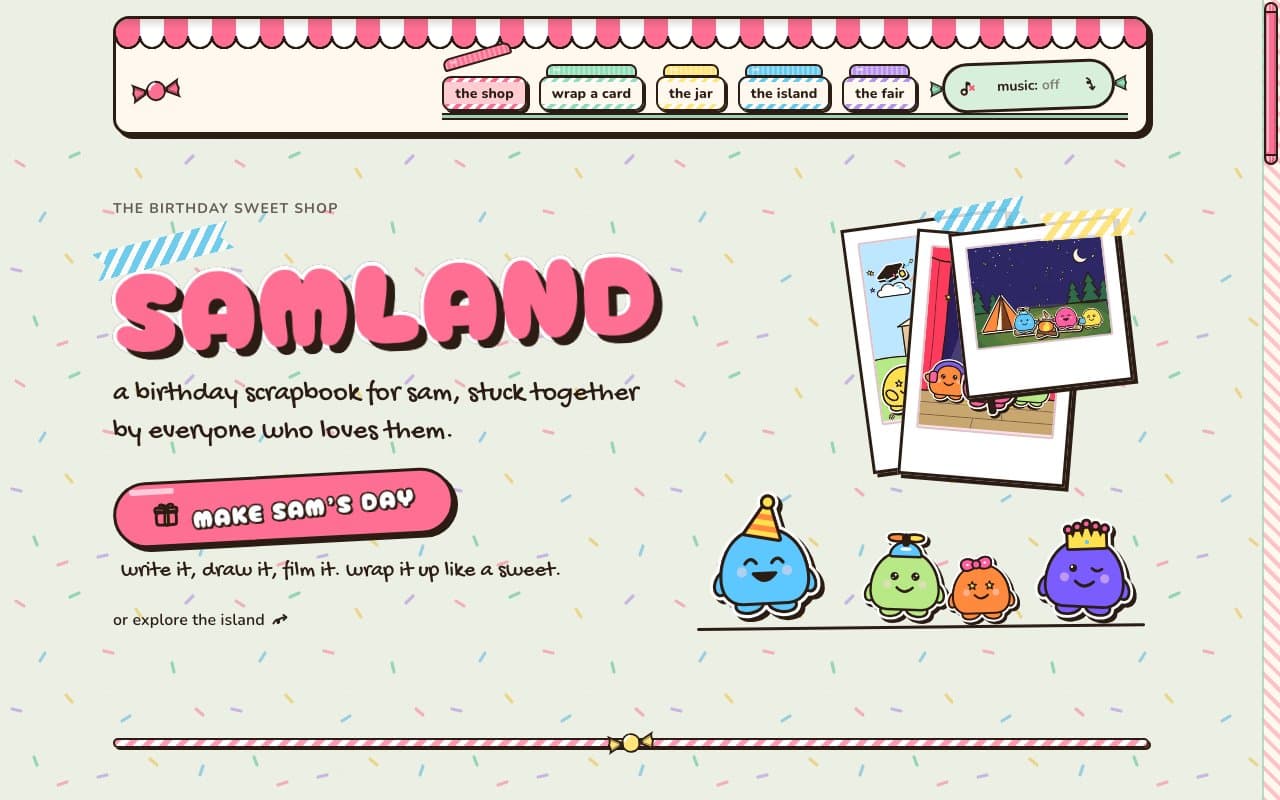 the demo site's front page in Candy Shop: a striped awning over a shelf of candy-jar tabs, SAMLAND in round pink letters and sprinkles across a mint page