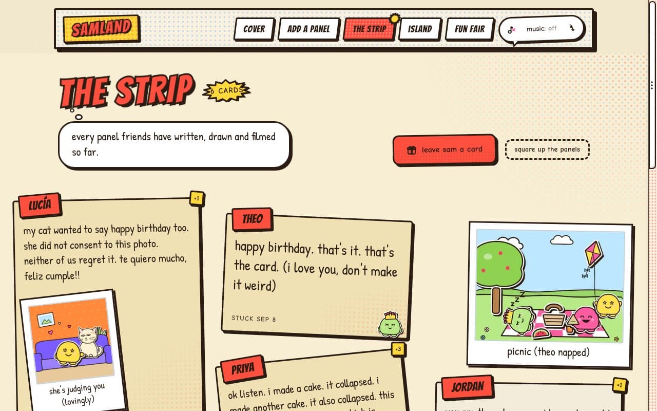 the board in Comic Pop, titled the strip: friends' notes as inked panels with red caption boxes for their names
