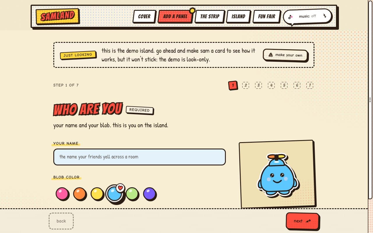 the card maker in Comic Pop: numbered square step boxes, a pale blue box for a friend's name and round glossy blob colours