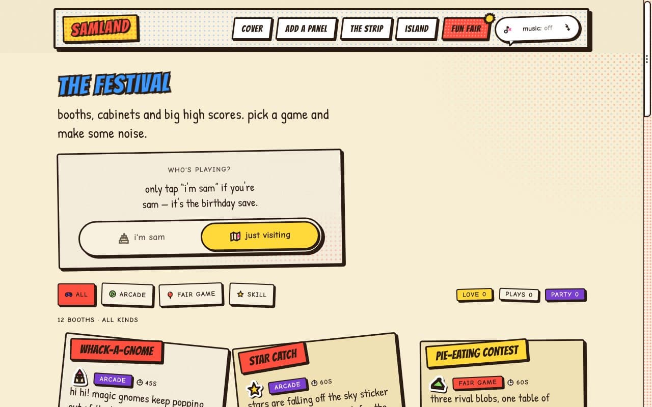 the festival in Comic Pop: the fun fair panel filled red in the nav, a blue title in comic capitals and booth cards with red and yellow caption boxes