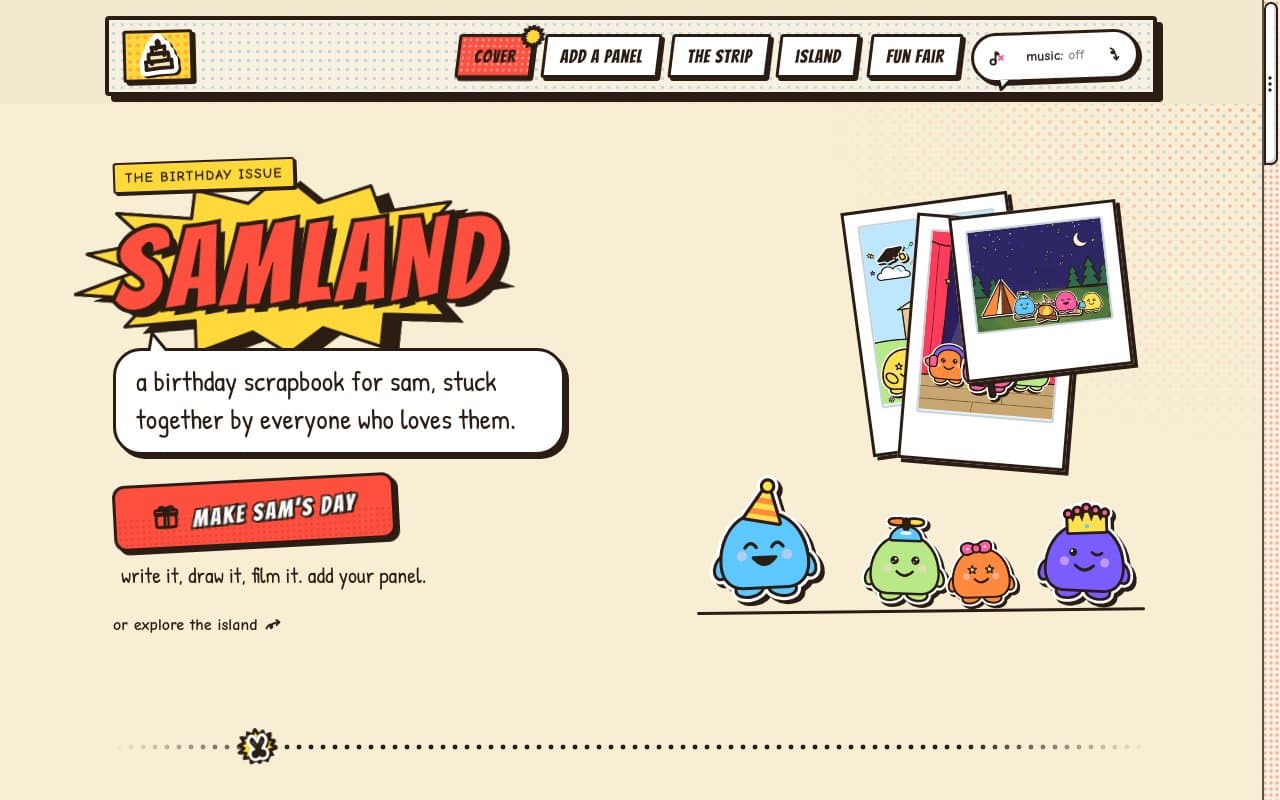 the demo site's front page in Comic Pop: a strip of inked comic panels for a nav with cover in red, SAMLAND in red comic capitals on a yellow action burst, and the lead in a speech bubble