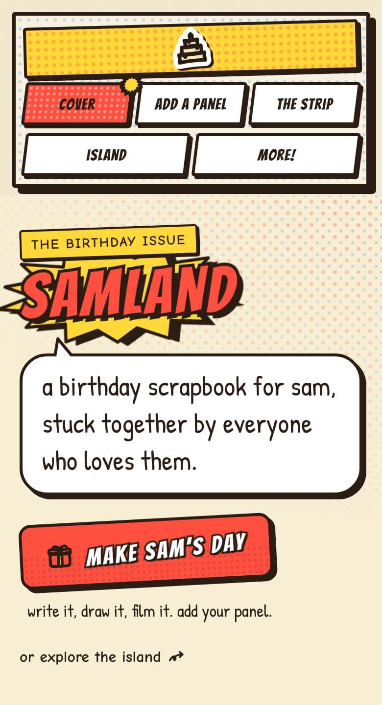 the front page in Comic Pop on a phone: a little comic page of nav panels under a yellow title panel, with a more! panel