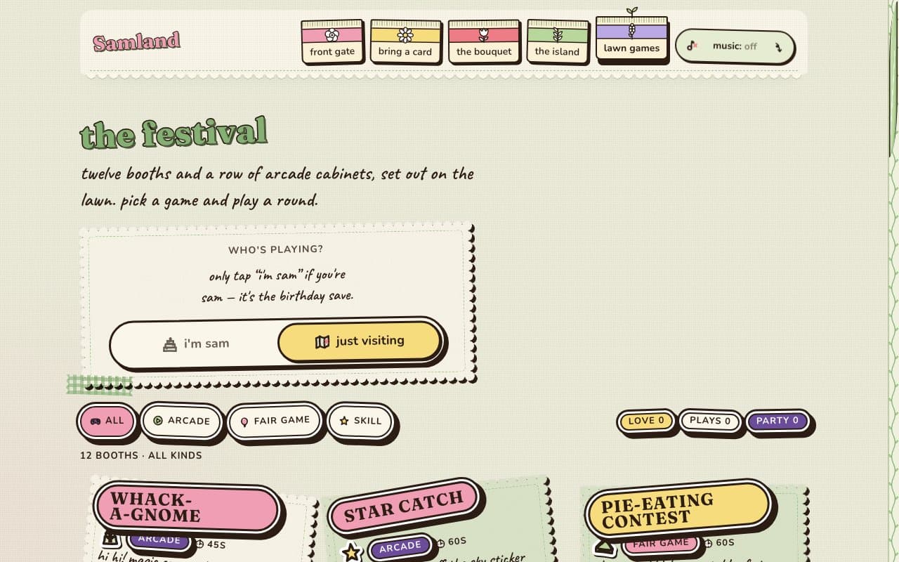 the festival in Garden Party: the lawn games packet sprouting in the nav, filter pills and booth cards in pink, green and butter on linen