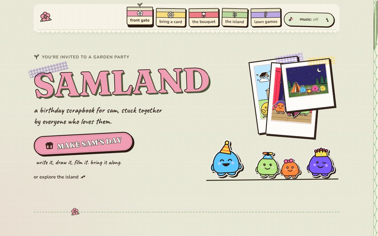 the demo site's front page in Garden Party: a row of seed packets for a nav, an invitation line over SAMLAND in peony-pink serif letters, and a pink button on cream linen