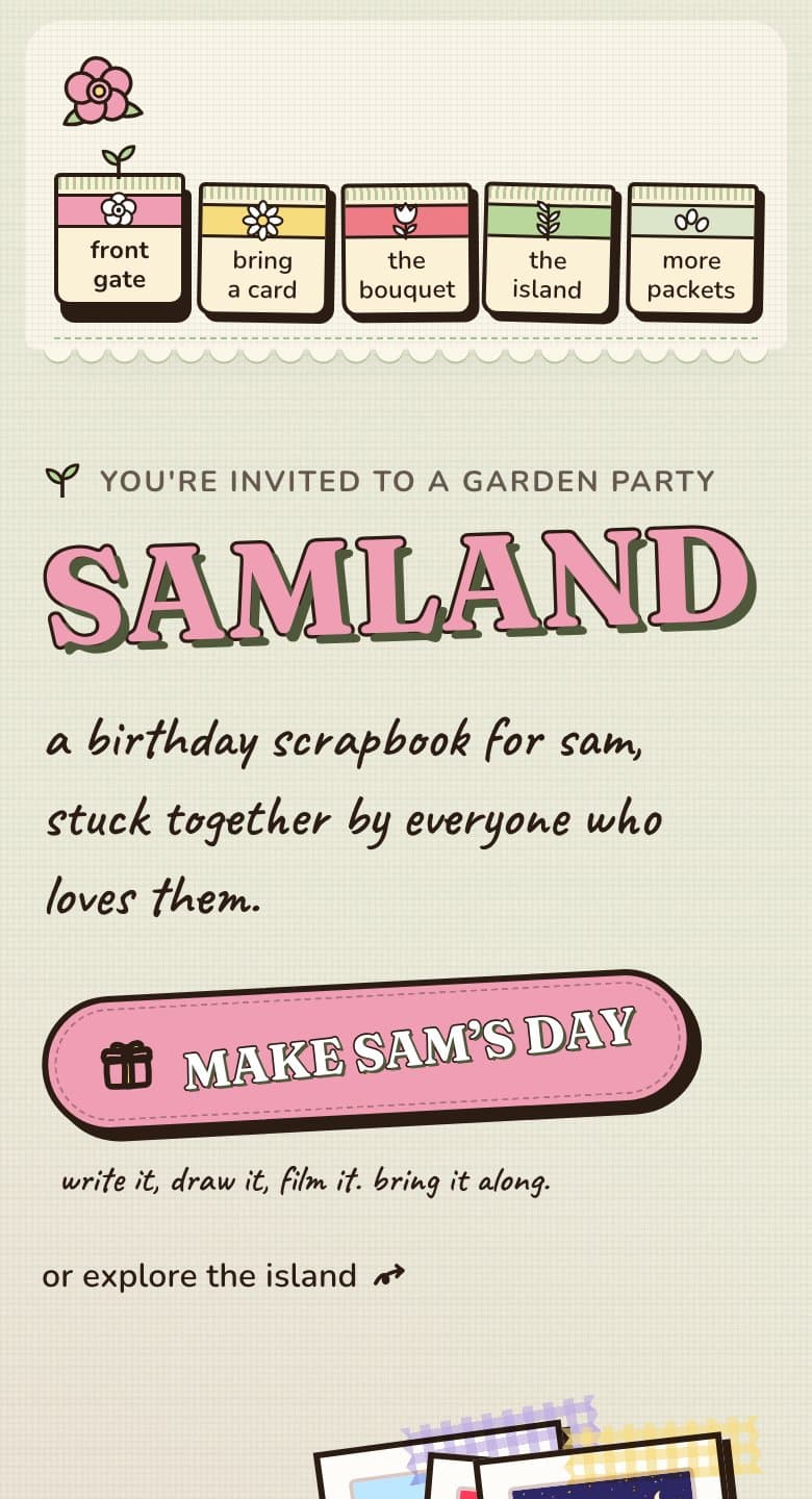 the front page in Garden Party on a phone: five seed packets across the top of the screen, the last one more packets