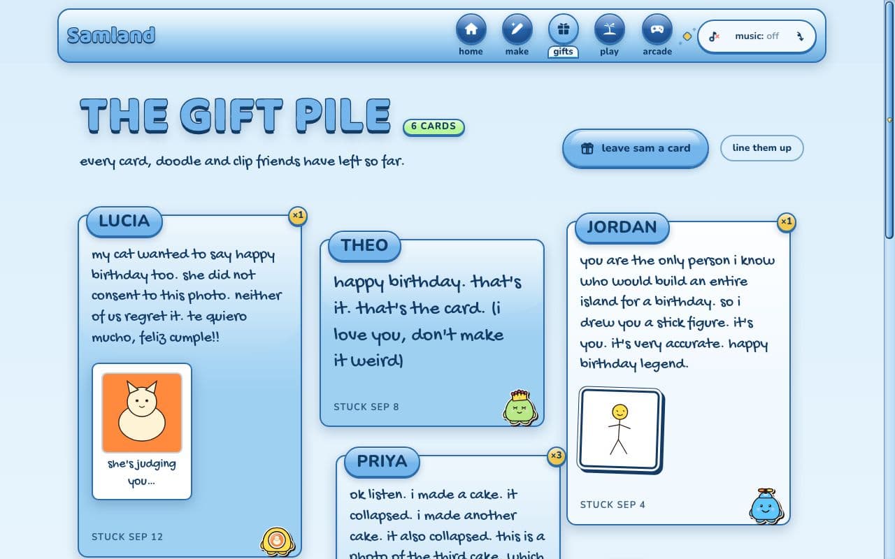 the board in Glossy Valley, titled the gift pile: friends' cards as level glass panels with blue name pills and gold badges