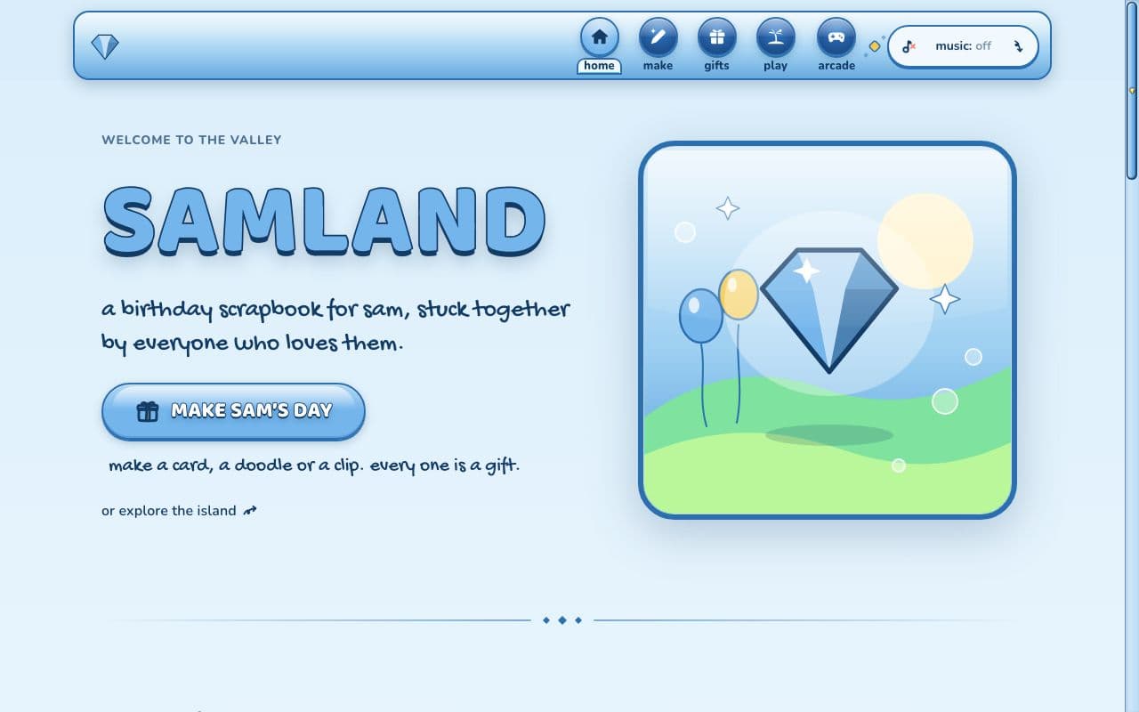 the demo site's front page in Glossy Valley: a sky-blue glass bar of round glossy buttons, SAMLAND in rounded blue letters and a framed picture of a gem over green hills