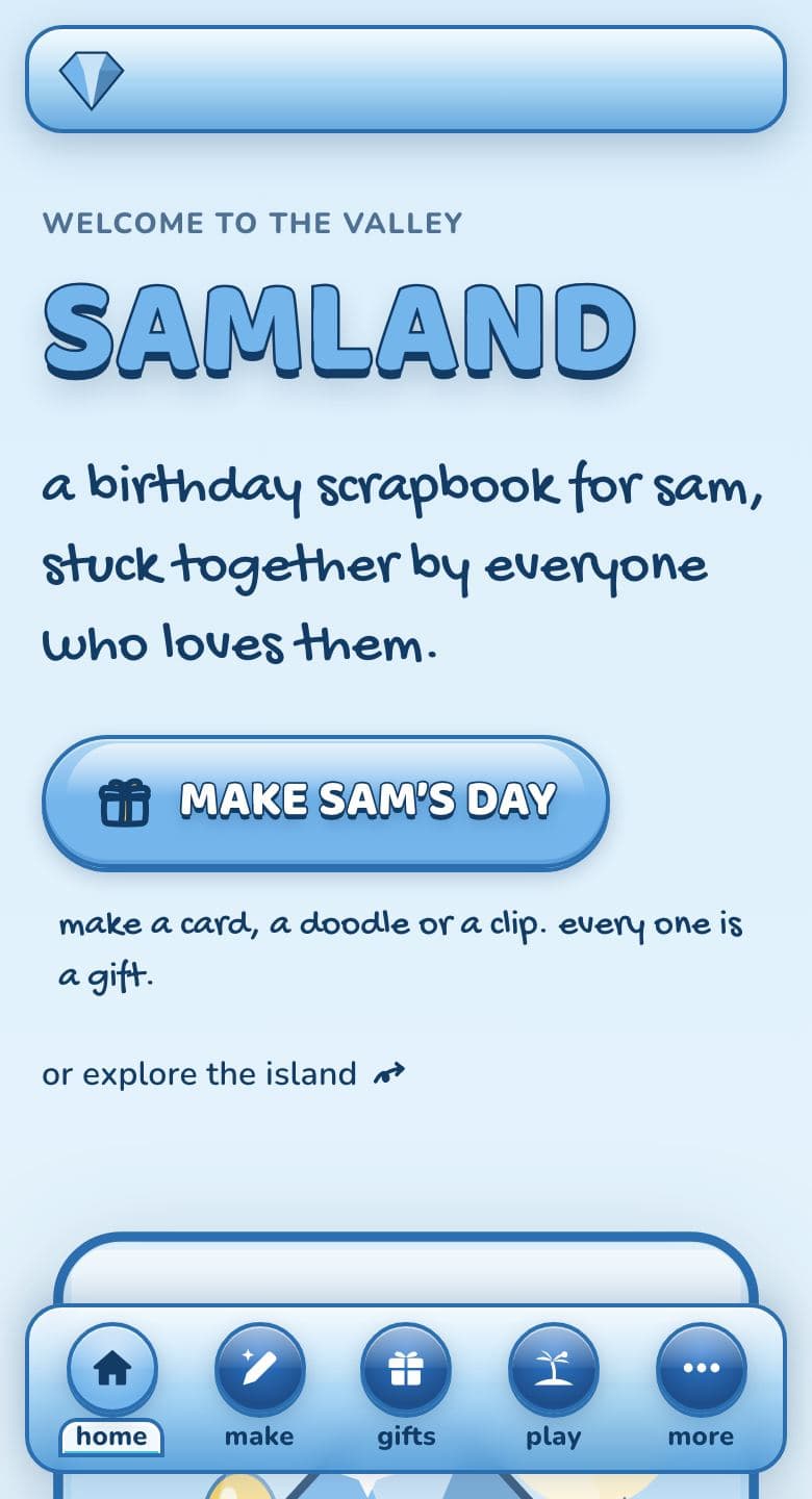 the front page in Glossy Valley on a phone: the round glossy buttons drop to a strip along the bottom of the screen, with a more button
