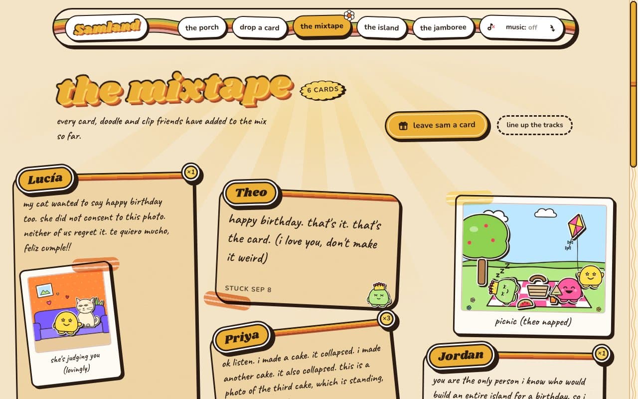 the board in Groovy Sunshine, titled the mixtape: friends' notes on cream and tan cards with a stripe across the top and mustard name tabs