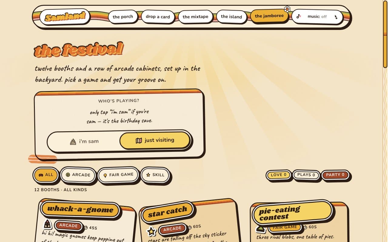 the festival in Groovy Sunshine: the jamboree picked on the groove, an orange title and booth cards with mustard and rose name tags