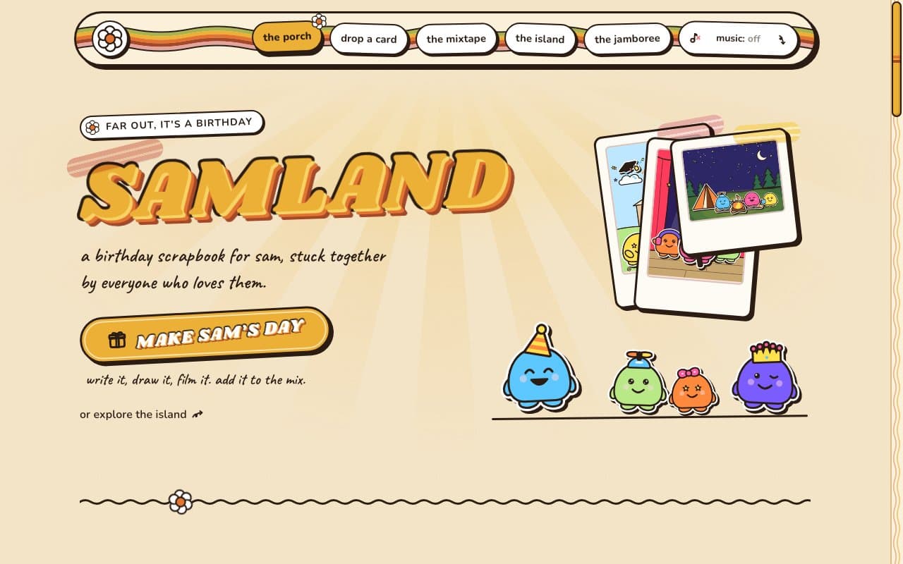 the demo site's front page in Groovy Sunshine: a groove of rainbow bands for a nav with the porch in mustard, SAMLAND in fat mustard letters with a burnt-orange shadow, and sunbeams behind the page