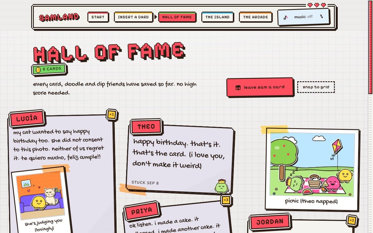 the board in Pixel Party, titled hall of fame: friends' notes in stepped pixel frames with red name tabs, a cursor arrow beside the page you're on