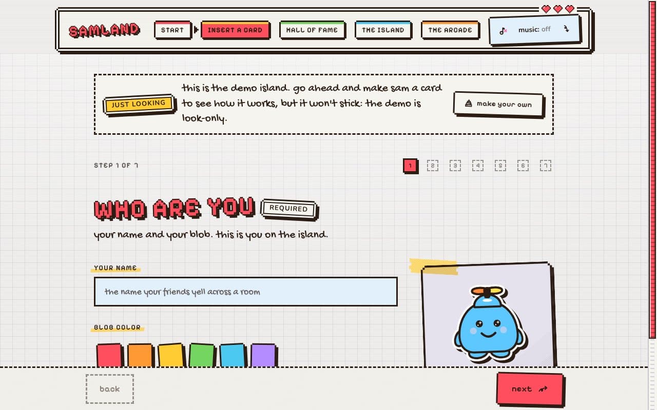 the card maker in Pixel Party: insert a card lit in the game menu, square numbered step boxes and square pixel colours for a friend's blob