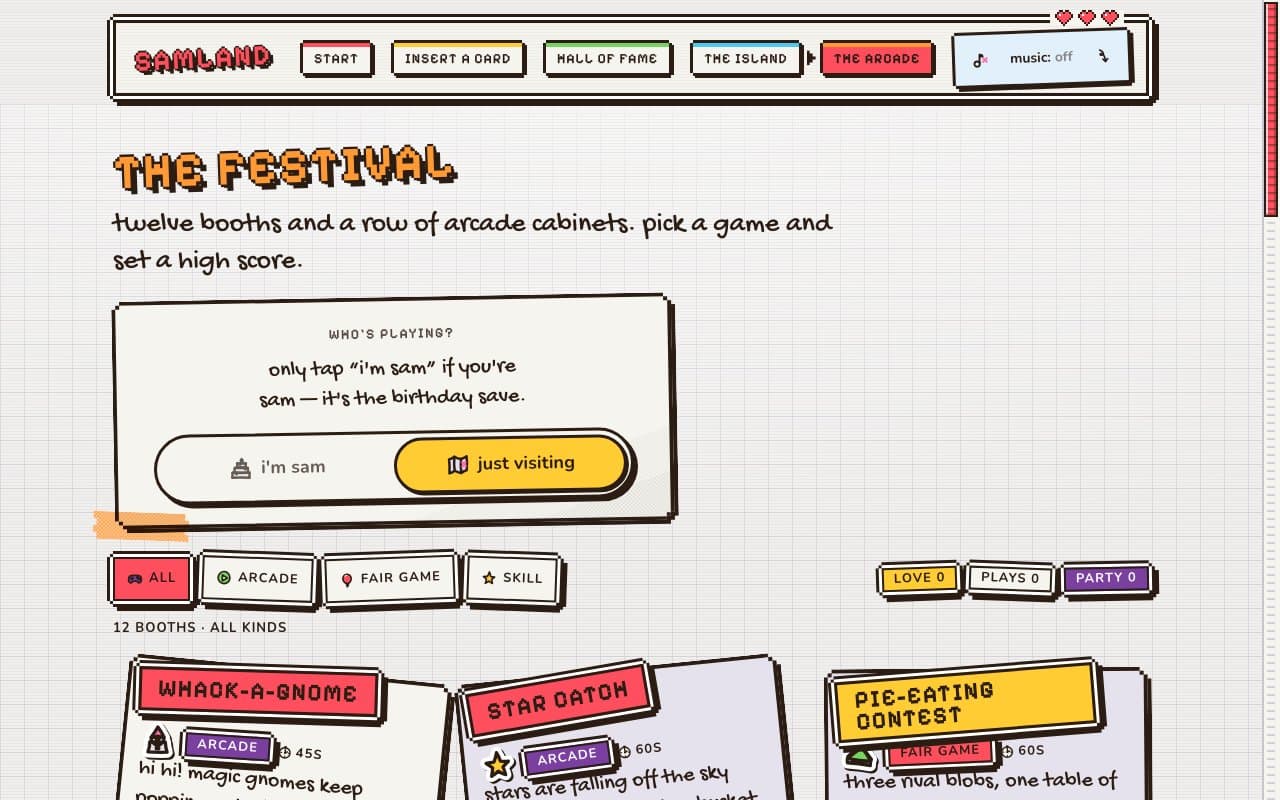 the festival in Pixel Party: the arcade tab lit red in the game menu, an orange pixel title and booth cards in stepped pixel frames