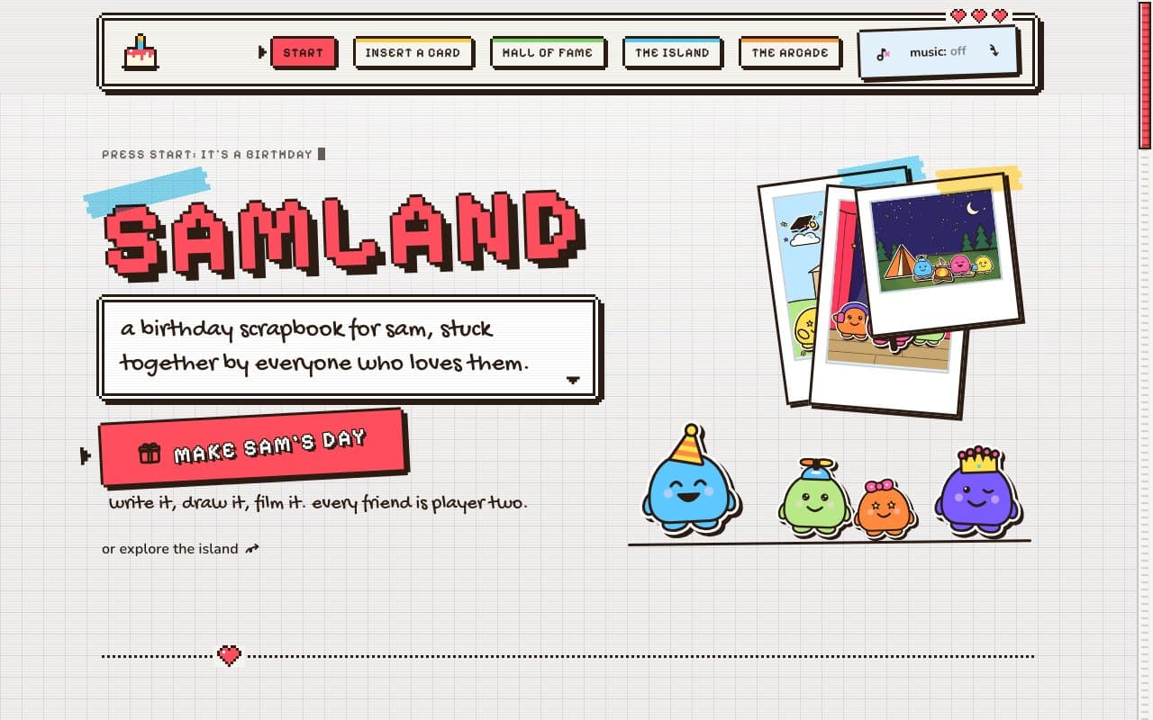the demo site's front page in Pixel Party: a game menu of pixel tabs with start in red and three hearts above it, SAMLAND in red pixel letters, and the lead in a game dialogue box on an off-white pixel grid
