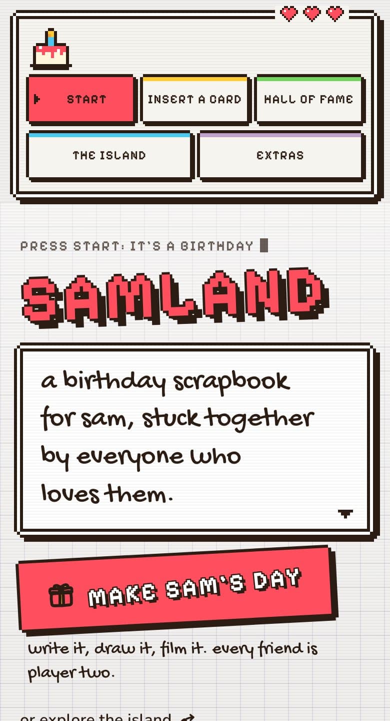 the front page in Pixel Party on a phone: the pixel tabs stack into a little game menu under the cake, with an extras tab
