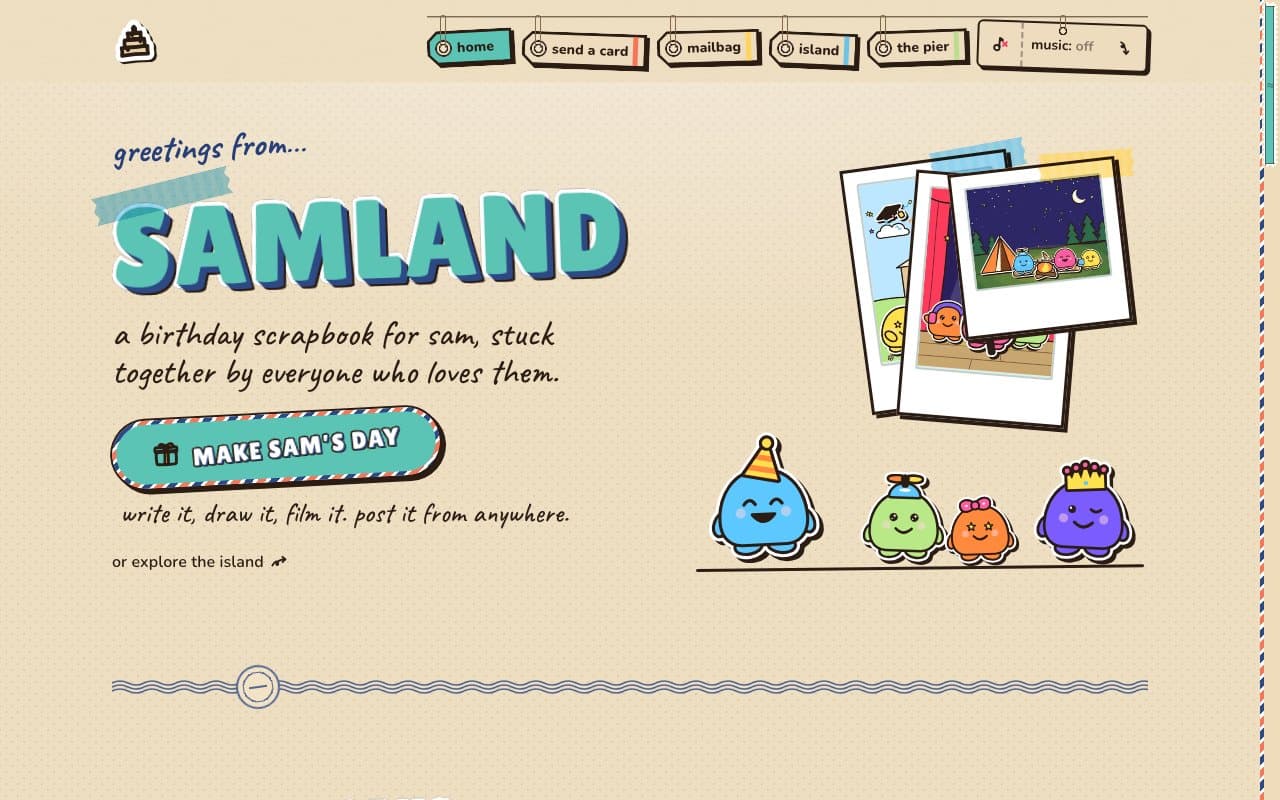 the demo site's front page in Seaside Postcard: luggage tags on a string for a nav, "greetings from…" written by hand over SAMLAND in sea-glass letters, an airmail-striped button and a postmark on a wavy line