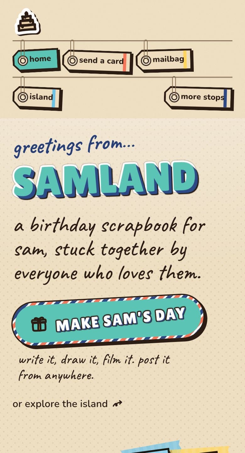the front page in Seaside Postcard on a phone: the luggage tags wrap into two rows under the cake, with a more stops tag