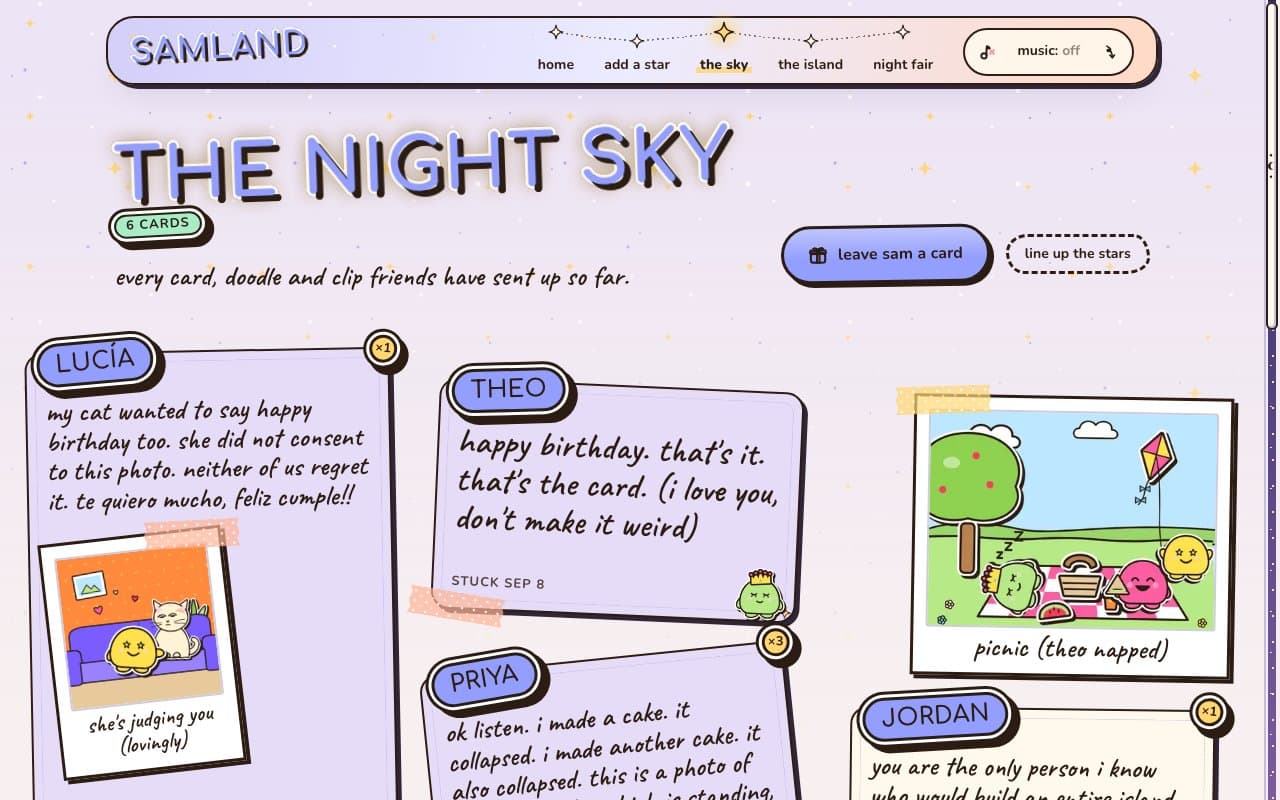 the board in Starlight, titled the night sky: friends' notes on lavender and cream cards with periwinkle name tabs, under a sky of tiny gold stars