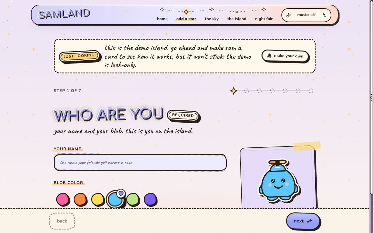 the card maker in Starlight: add a star lit in the constellation, a gold star on the step you're on and six blob colours