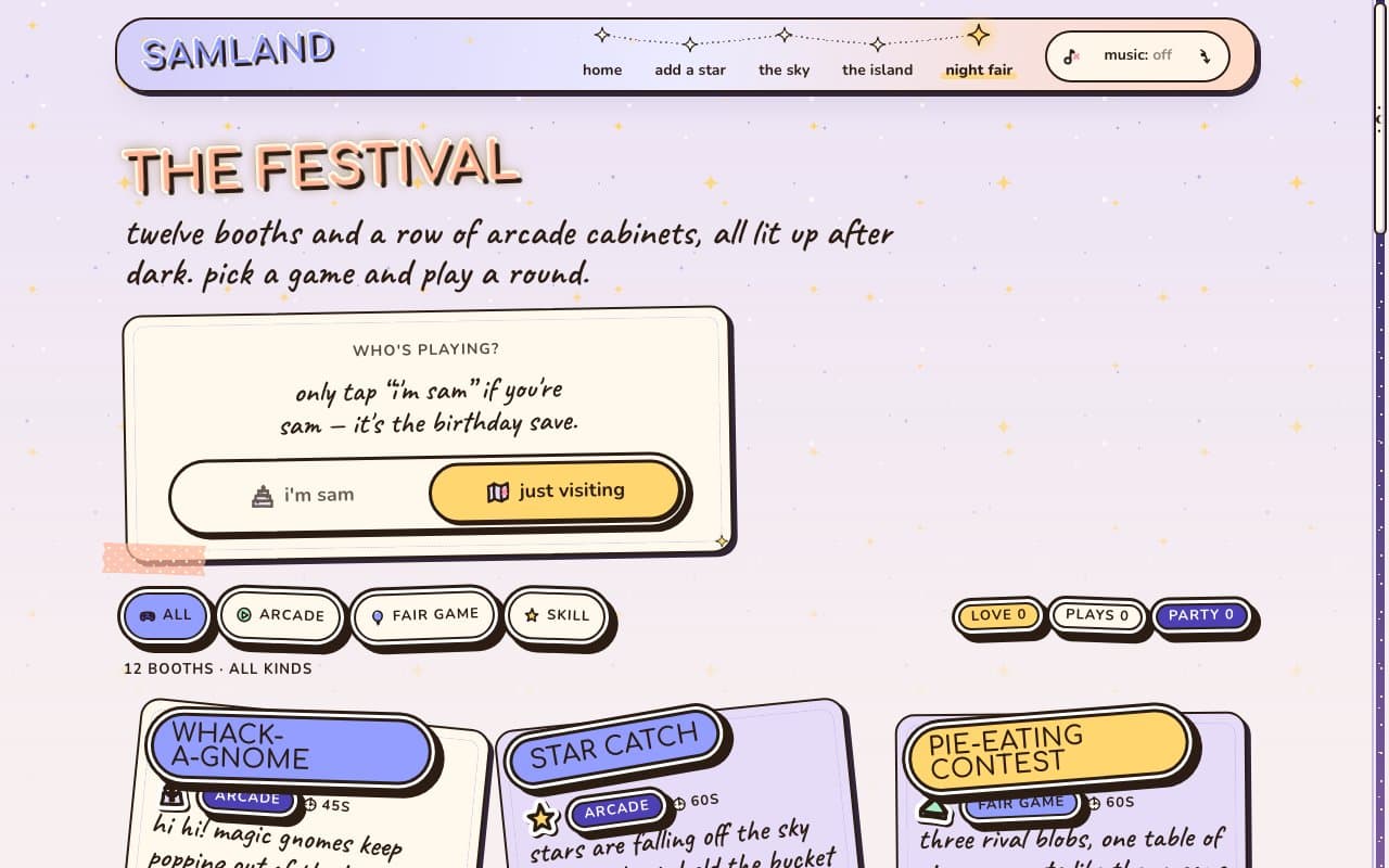 the festival in Starlight: night fair lit in the constellation, a peach title and booth cards with periwinkle and gold name tags