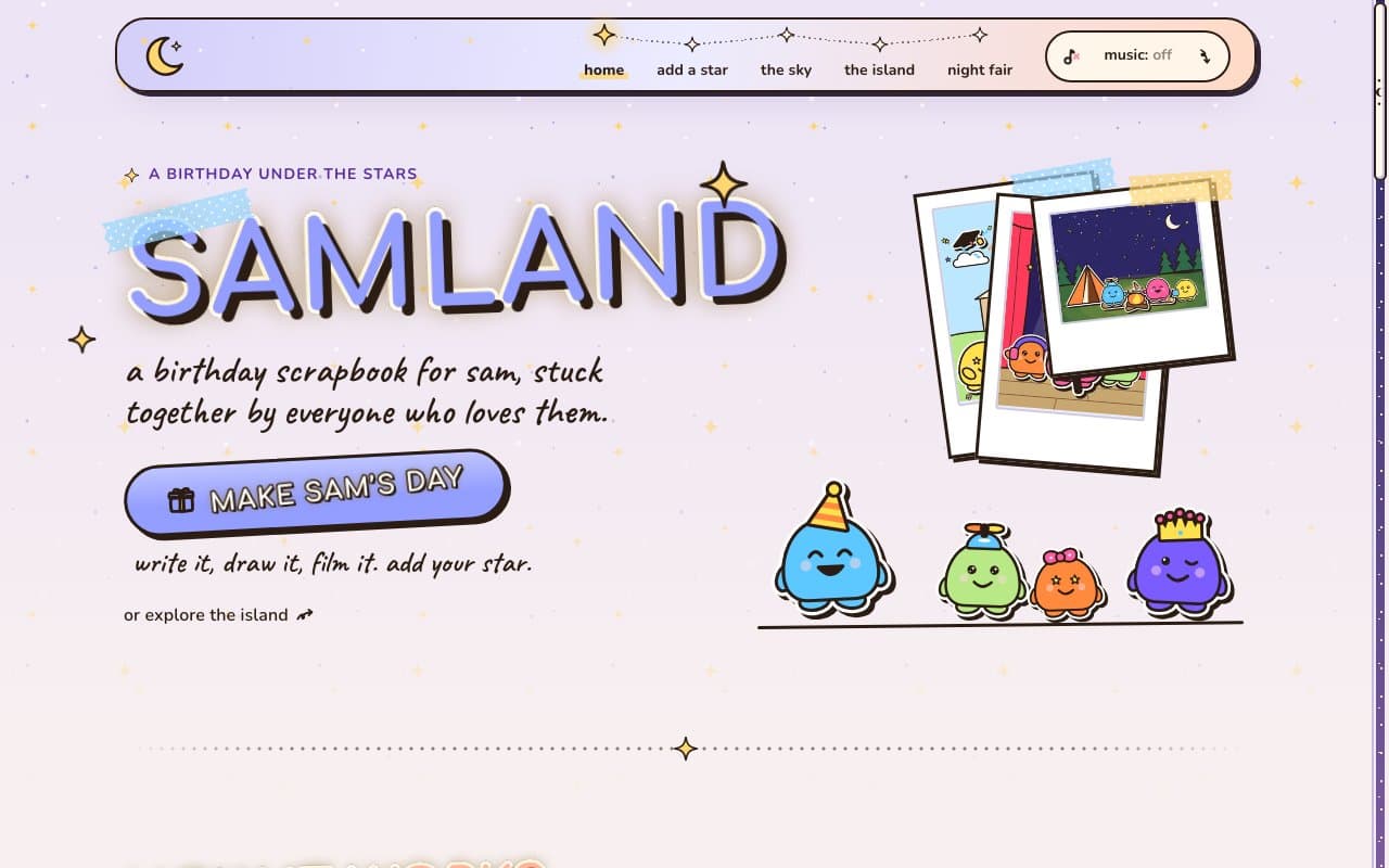 the demo site's front page in Starlight: a constellation of stars for a nav, SAMLAND in rounded periwinkle letters with twinkling stars at its corners, on a lavender-to-peach dusk