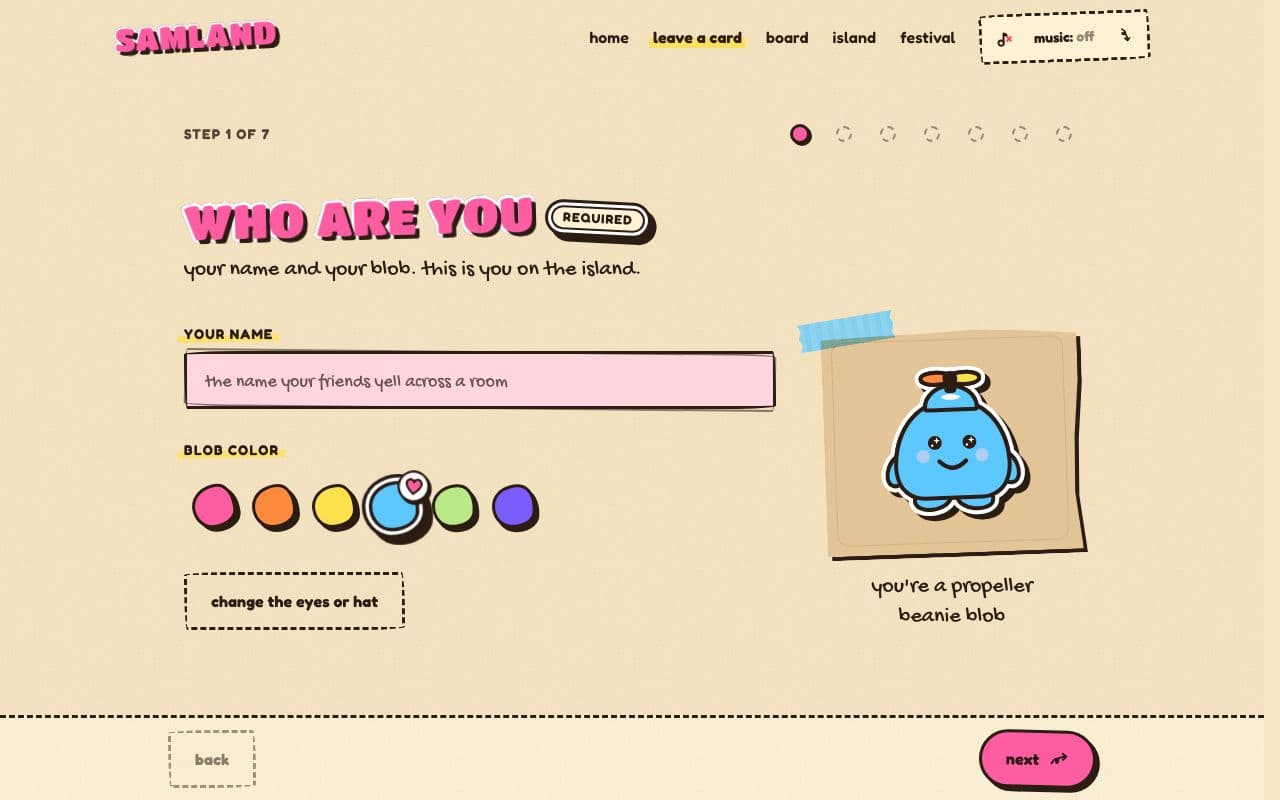 the card maker in Sticker Saga: step one of seven with round step dots, a pink name field and a blob preview taped to kraft paper