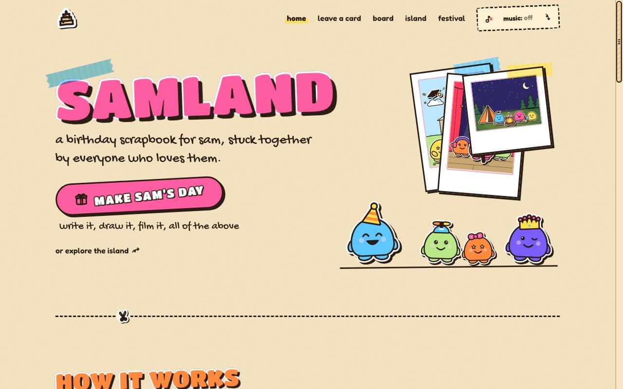 the demo site's front page in Sticker Saga: SAMLAND as a big pink die-cut sticker, a stack of taped photos, four blob friends and a plain row of marker links
