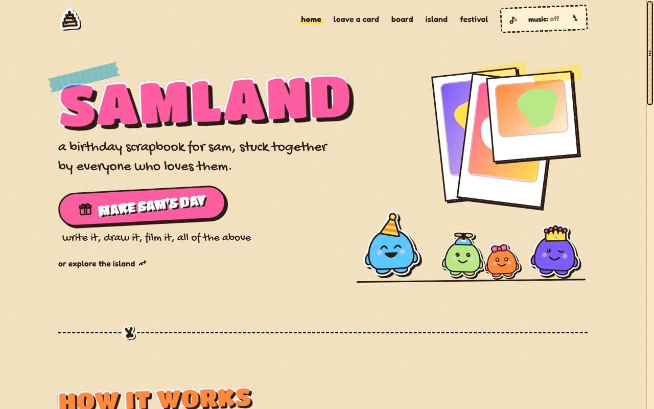 the demo site's front page in Sticker Saga: SAMLAND as a big pink die-cut sticker, a stack of taped photos, four blob friends and a plain row of marker links