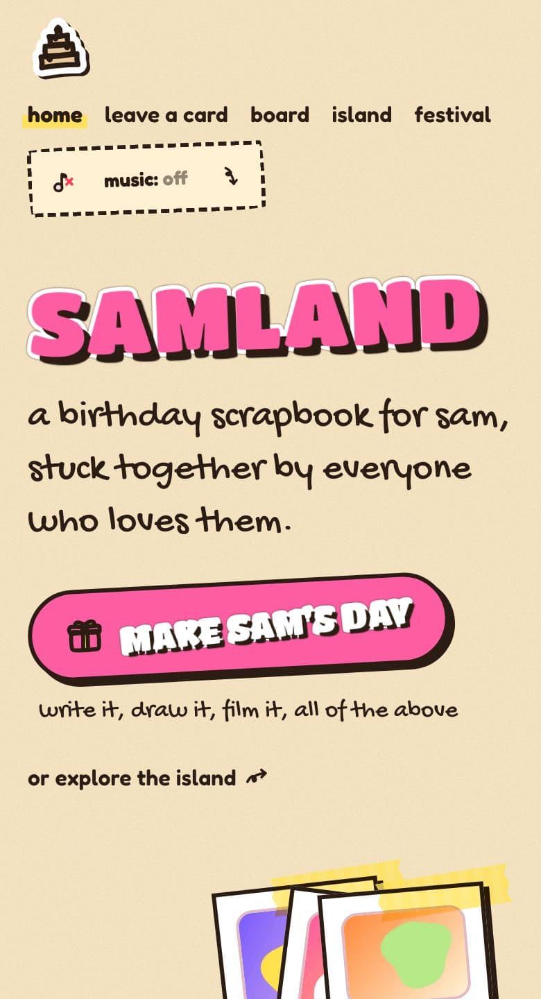 the front page in Sticker Saga on a phone: the marker links and a dashed music ticket above the pink SAMLAND sticker