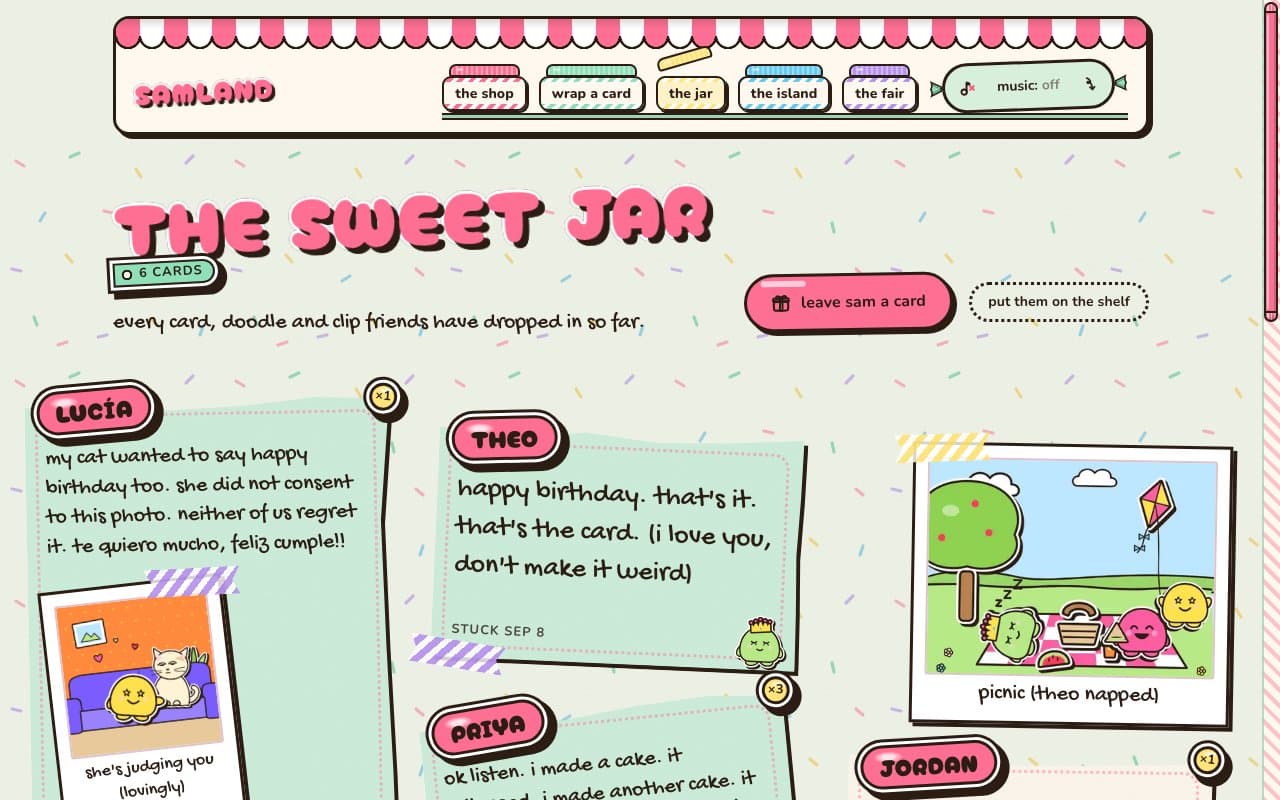 the board in Candy Shop, titled the sweet jar: friends' notes on mint and cream cards with pink name tags and candy-striped ribbon