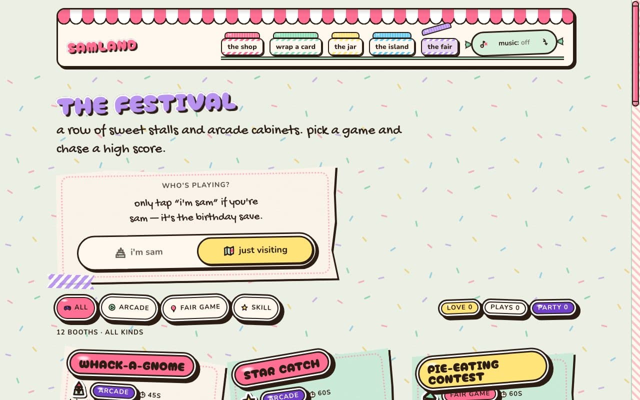 the festival in Candy Shop: the fair jar picked under the awning, a lilac title and booth cards with pink, green and yellow name tags