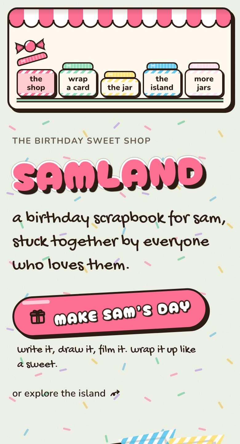 the front page in Candy Shop on a phone: the awning stays on top with five candy jars under it, the last one more jars